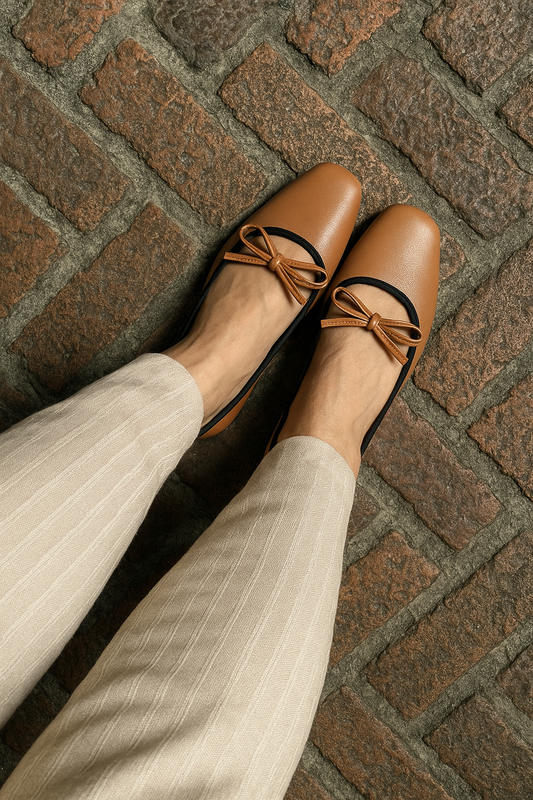 Eloise Flats in Caramel – Handmade Everyday Flats for Women | Wide-Foot Friendly with Strap & Bow